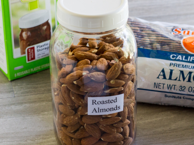 Dry roasted almonds stored in a canning jar with a plastic lid