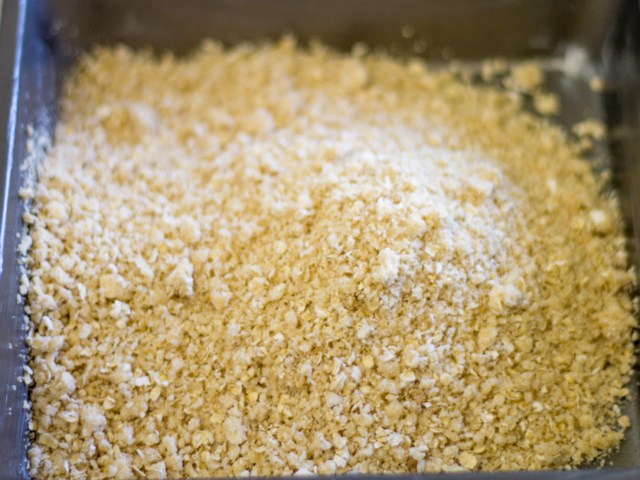 crumb mixture in lightly greased 8-inch square baking pan.