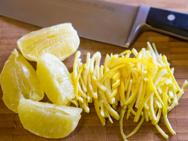 Lemon peel cut into narrow strips.