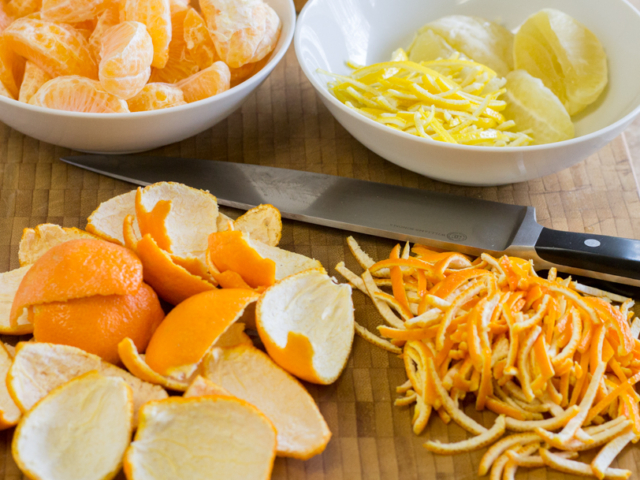Tangerines peeled and sliced into narrow strips.