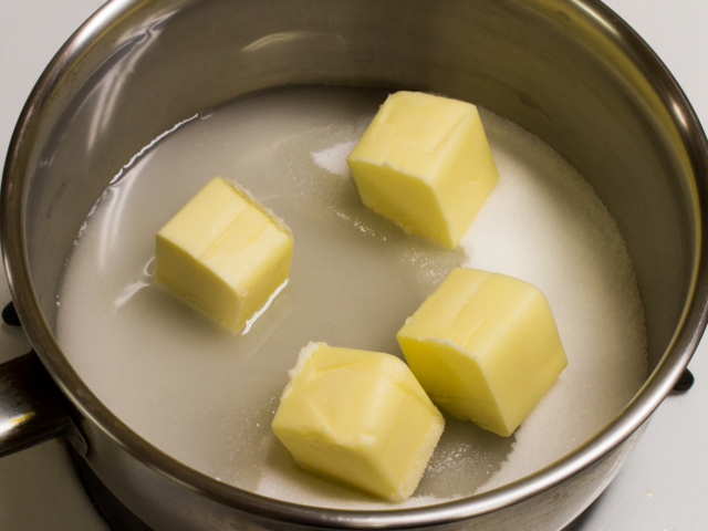Butter, sugar, and water in saucepan.