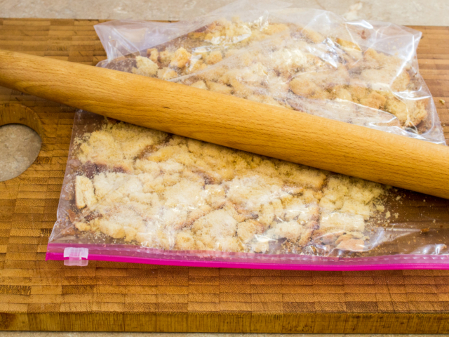 Rolling pin and bag of broken bread sticks