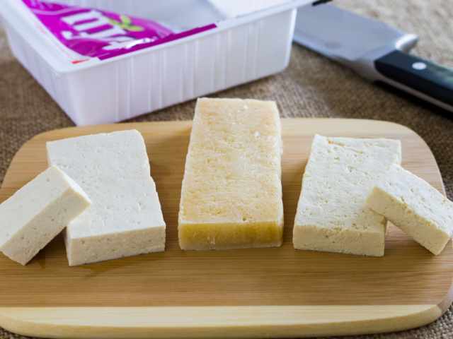 Three slices tofu - fresh, frozen, and thawed.