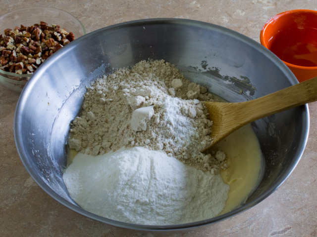 Stir in gluten free Bisquick, oat flour, and baking powder