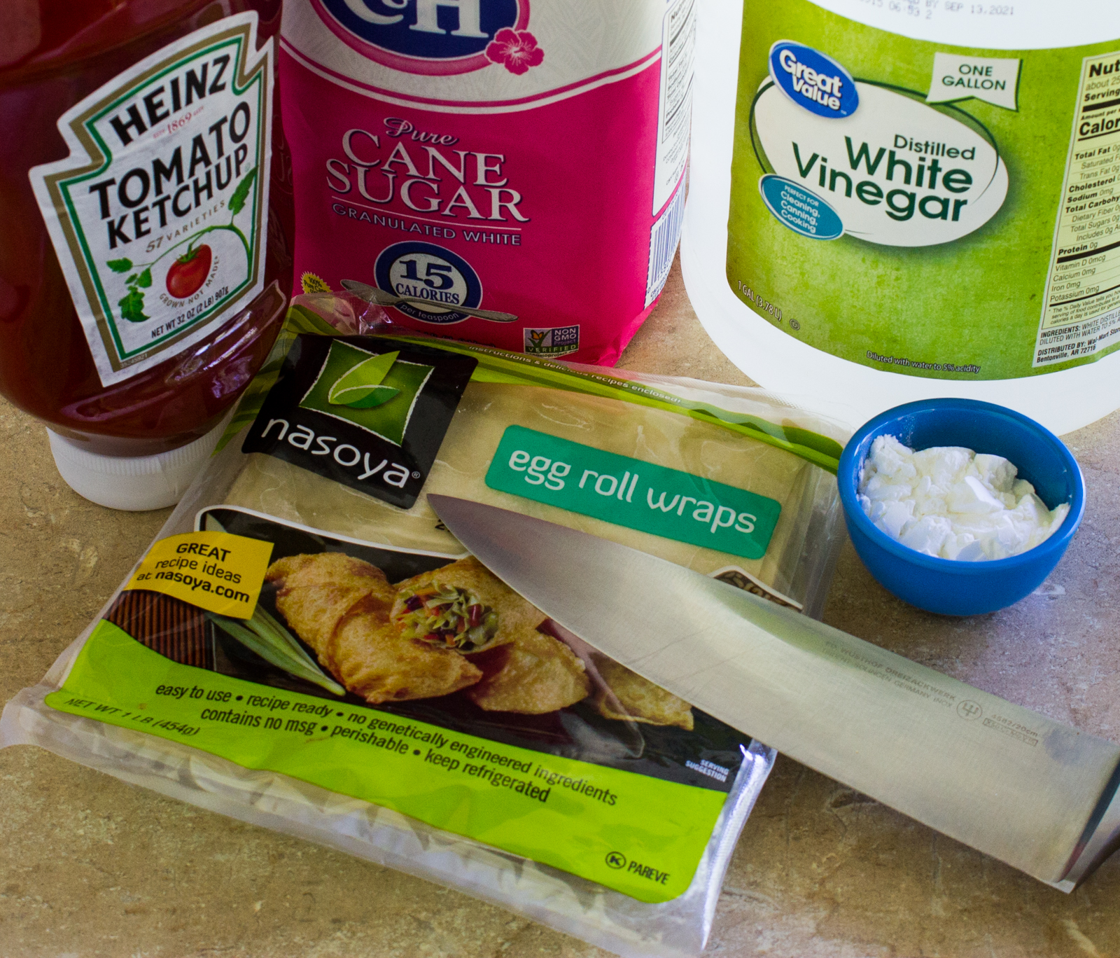 Ingredients egg roll wraps ketchup sugar white vinegar and cornstarch