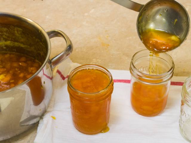 Pouring jam into hot sterilized jars